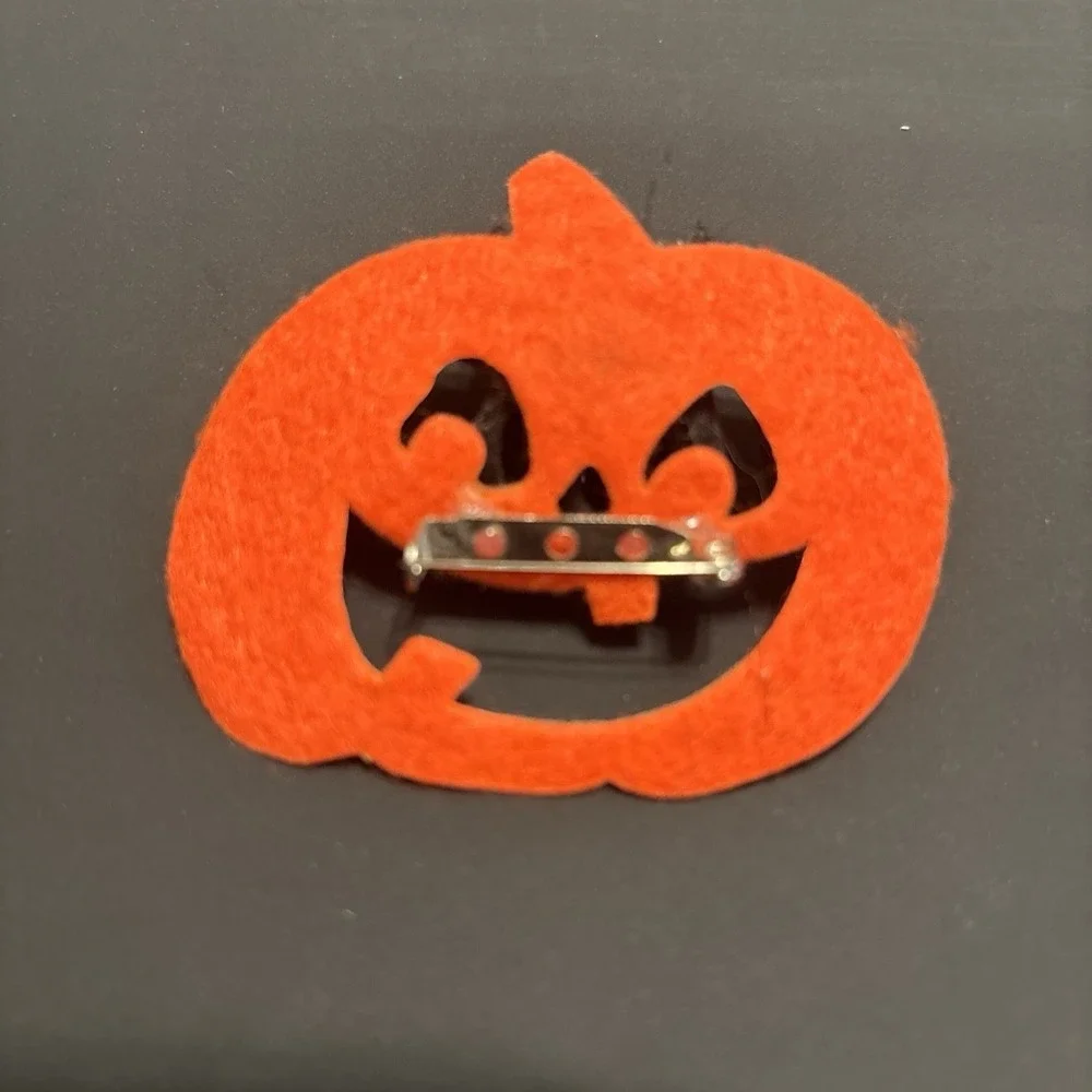1990s Halloween Orange Enamel Pumpkin Brooch Fuzzy Black Spider Pin